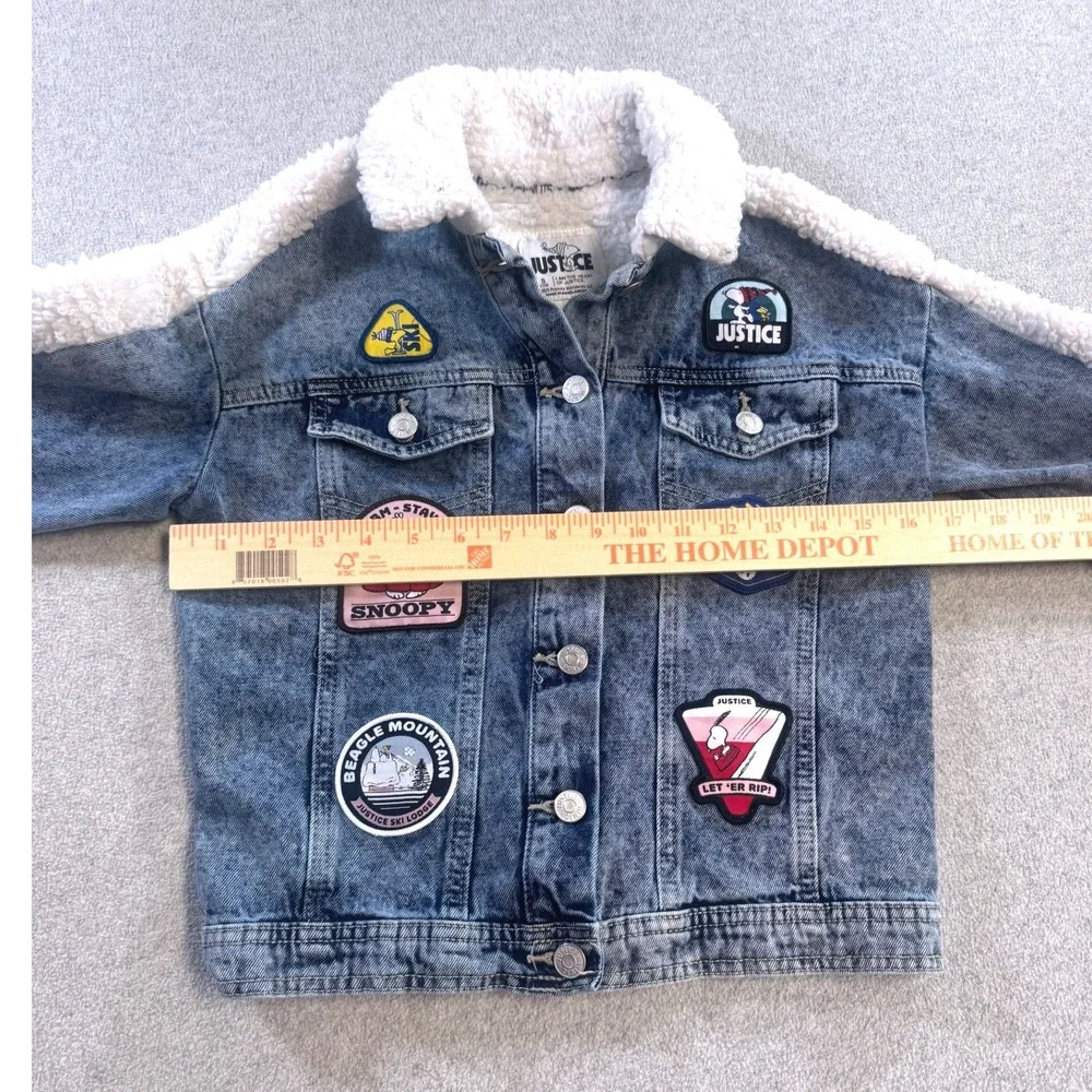 Justice Peanuts Snoopy Denim Jacket Kids‎ Size 7/8 Blue Sherpa Patches Kidcore